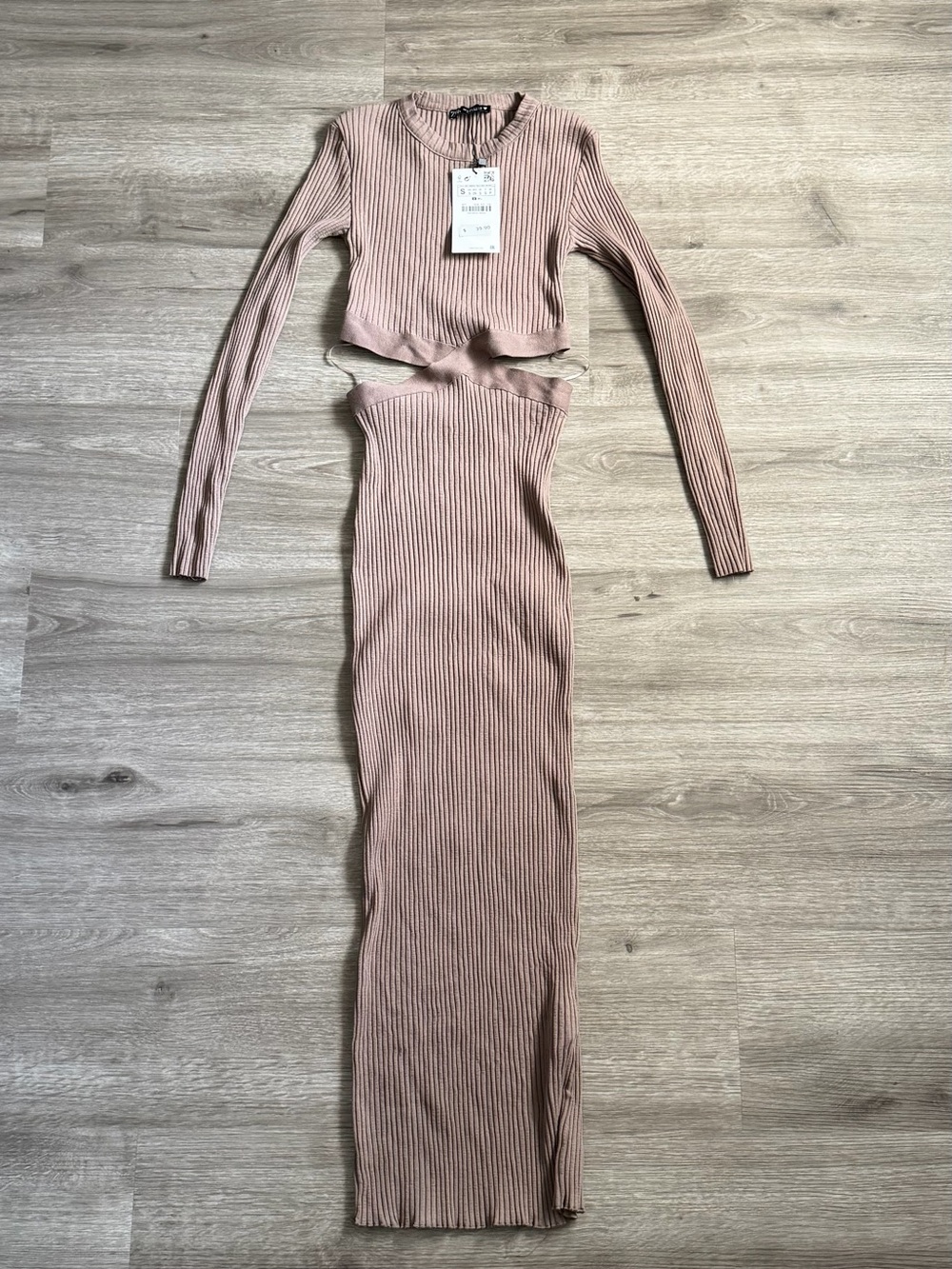 Zara Brown Ribbed Long Sleeve Cut Out Midi Dress